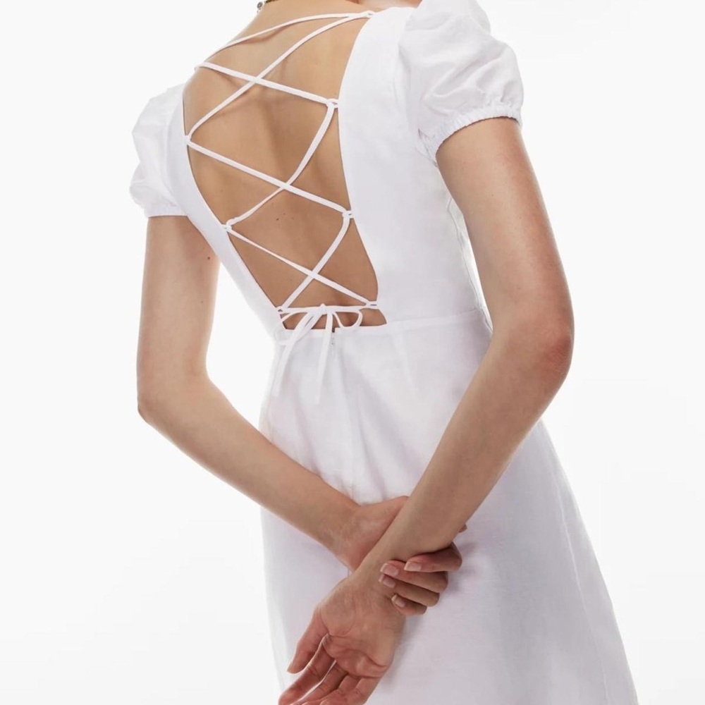 Aritzia Sunday Best Square Neck Back Lace Up Mini Dress 6 White Short Sleeve - Picture 2 of 12